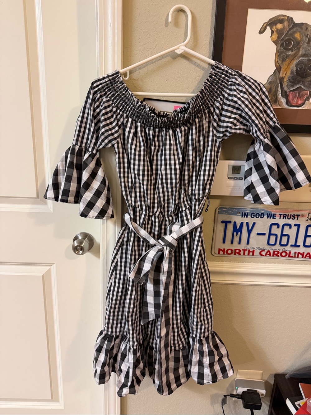 New York & Company Black and White Gingham Off-Shoulder Midi Dress